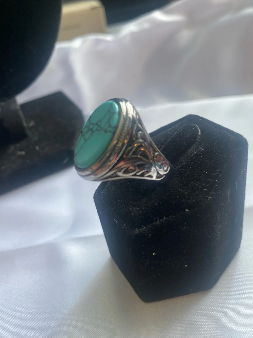 Turquoise Stone Silver-Tone Men's Statement Ring